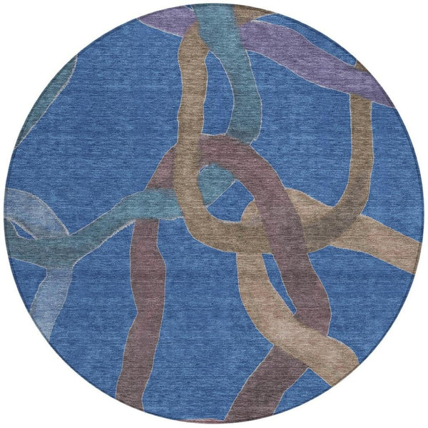 HomeRoots 8' Round Abstract Area Rug in Navy Blue, Brown & Mauve - Washable, Stylish Indoor & Outdoor Decor 690269