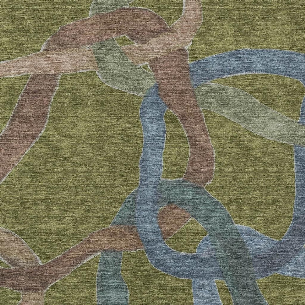HomeRoots 5' Abstract Area Rug in Olive Green, Blue & Brown - Washable, Durable for Indoor & Outdoor Use! 690274