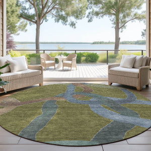 HomeRoots 8' Round Abstract Area Rug in Olive Green, Blue & Brown – Stylish, Washable for Indoor & Outdoor Use! 690275