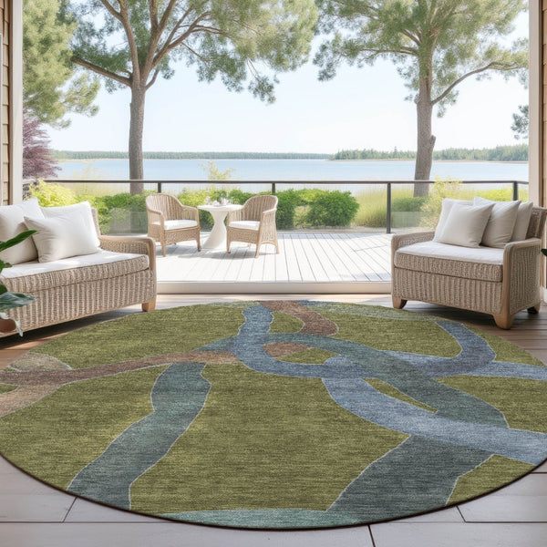 HomeRoots 8' Round Abstract Area Rug in Olive Green, Blue & Brown – Stylish, Washable for Indoor & Outdoor Use! 690275