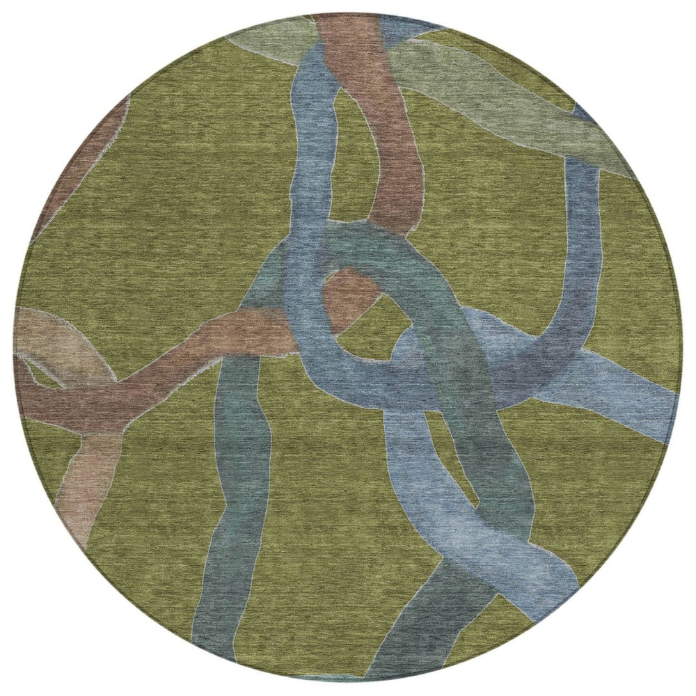 HomeRoots 8' Round Abstract Area Rug in Olive Green, Blue & Brown – Stylish, Washable for Indoor & Outdoor Use! 690275