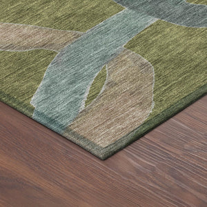 HomeRoots 8' Round Abstract Area Rug in Olive Green, Blue & Brown – Stylish, Washable for Indoor & Outdoor Use! 690275