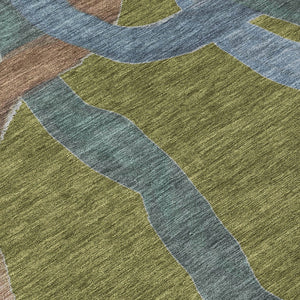 HomeRoots 8' Round Abstract Area Rug in Olive Green, Blue & Brown – Stylish, Washable for Indoor & Outdoor Use! 690275