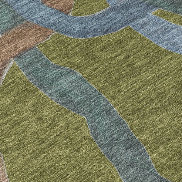 HomeRoots 8' Round Abstract Area Rug in Olive Green, Blue & Brown – Stylish, Washable for Indoor & Outdoor Use! 690275