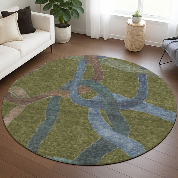 HomeRoots 8' Round Abstract Area Rug in Olive Green, Blue & Brown – Stylish, Washable for Indoor & Outdoor Use! 690275