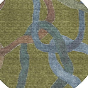 HomeRoots 8' Round Abstract Area Rug in Olive Green, Blue & Brown – Stylish, Washable for Indoor & Outdoor Use! 690275