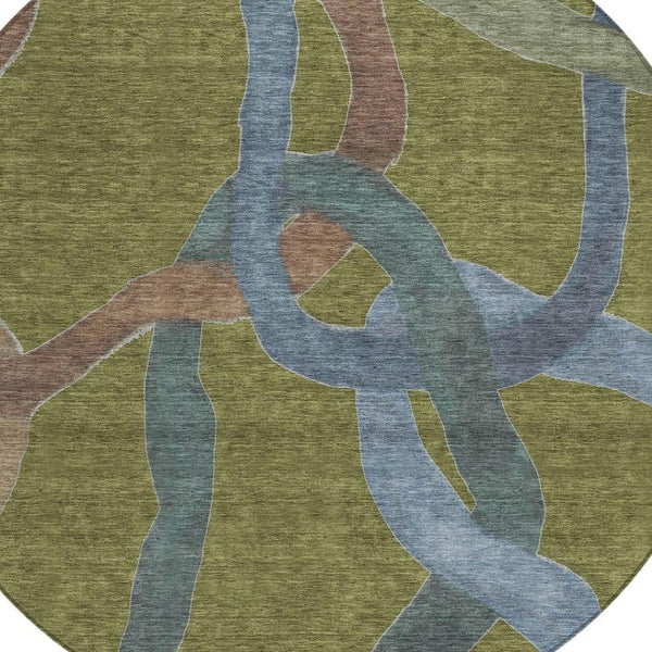 HomeRoots 8' Round Abstract Area Rug in Olive Green, Blue & Brown – Stylish, Washable for Indoor & Outdoor Use! 690275