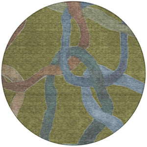 HomeRoots 8' Round Abstract Area Rug in Olive Green, Blue & Brown – Stylish, Washable for Indoor & Outdoor Use! 690275