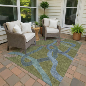 HomeRoots 10' Modern Abstract Area Rug in Olive Green, Blue & Brown – Washable, Durable for Indoor/Outdoor Use 690278