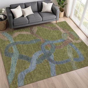HomeRoots 10' Modern Abstract Area Rug in Olive Green, Blue & Brown – Washable, Durable for Indoor/Outdoor Use 690278