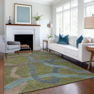 HomeRoots 10' Modern Abstract Area Rug in Olive Green, Blue & Brown – Washable, Durable for Indoor/Outdoor Use 690278
