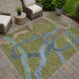 HomeRoots 10' Modern Abstract Area Rug in Olive Green, Blue & Brown – Washable, Durable for Indoor/Outdoor Use 690278