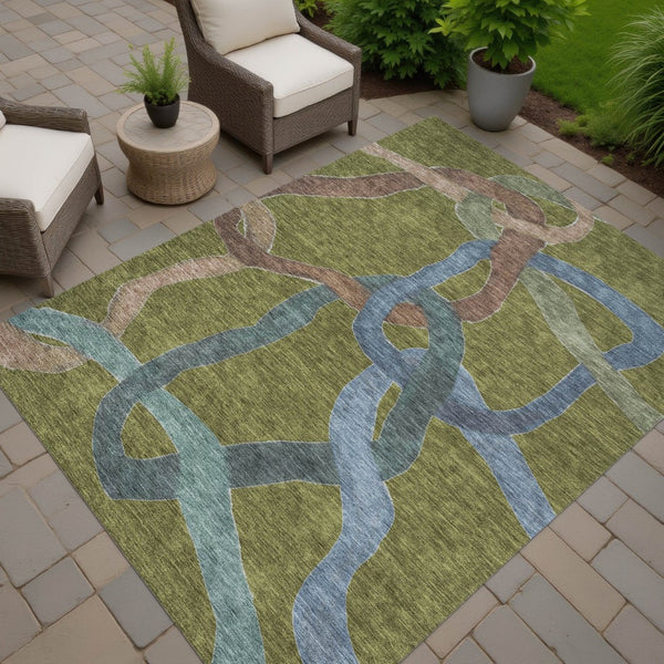 HomeRoots 10' Modern Abstract Area Rug in Olive Green, Blue & Brown – Washable, Durable for Indoor/Outdoor Use 690278