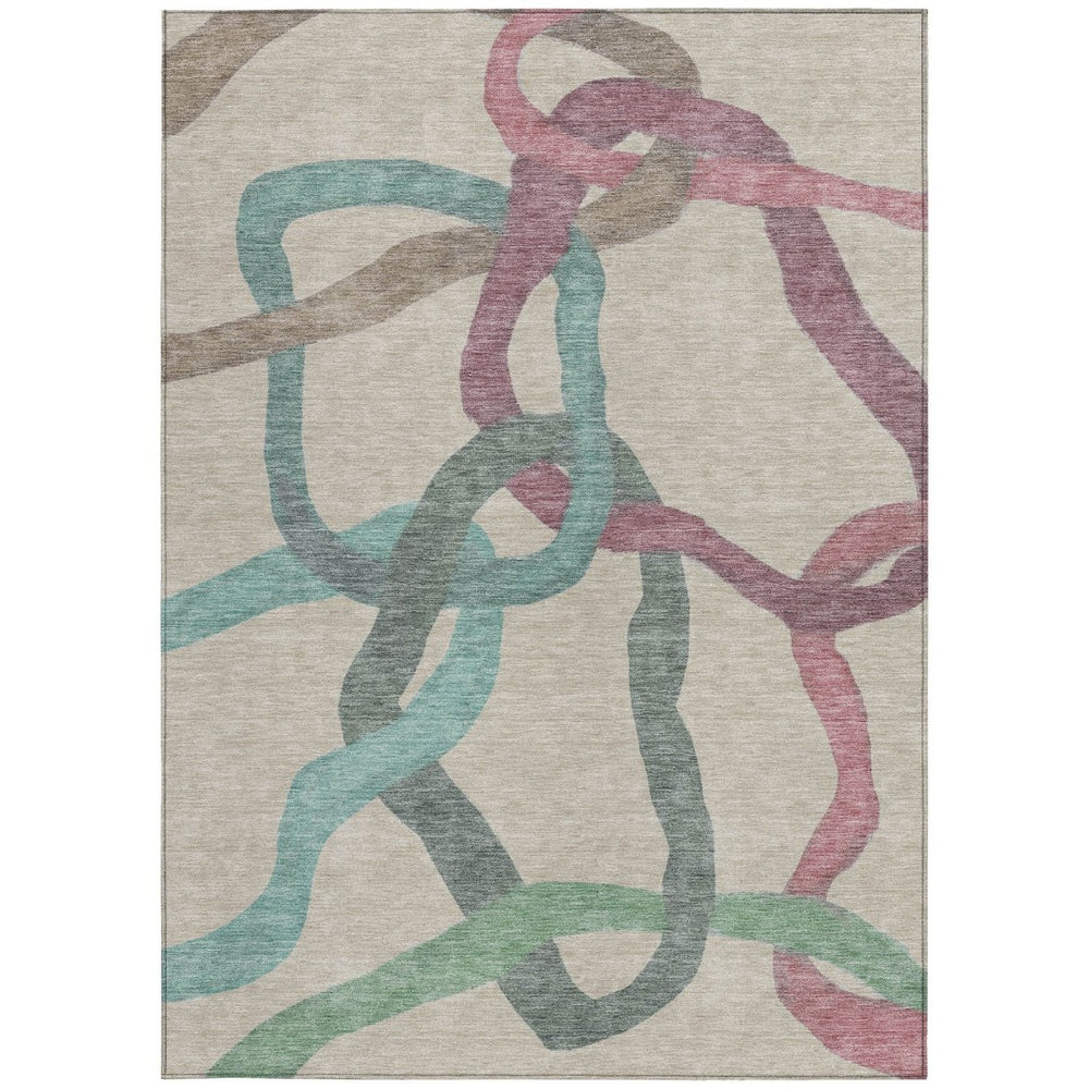 HomeRoots 5' Abstract Tan Blue Mauve Washable Area Rug - Durable Indoor/Outdoor Design, Stain-Resistant & Stylish 690280