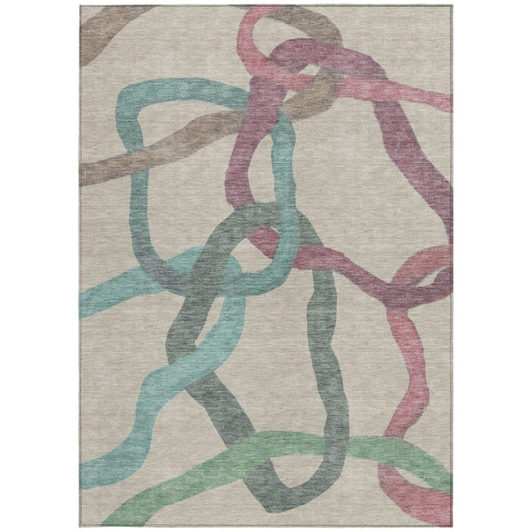 HomeRoots 5' Abstract Tan Blue Mauve Washable Area Rug - Durable Indoor/Outdoor Design, Stain-Resistant & Stylish 690280