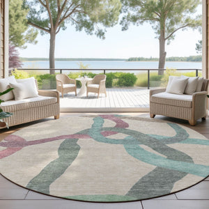 HomeRoots 8' Round Abstract Area Rug in Tan, Blue & Mauve - Stylish, Washable, Durable for Indoor & Outdoor Use 690281