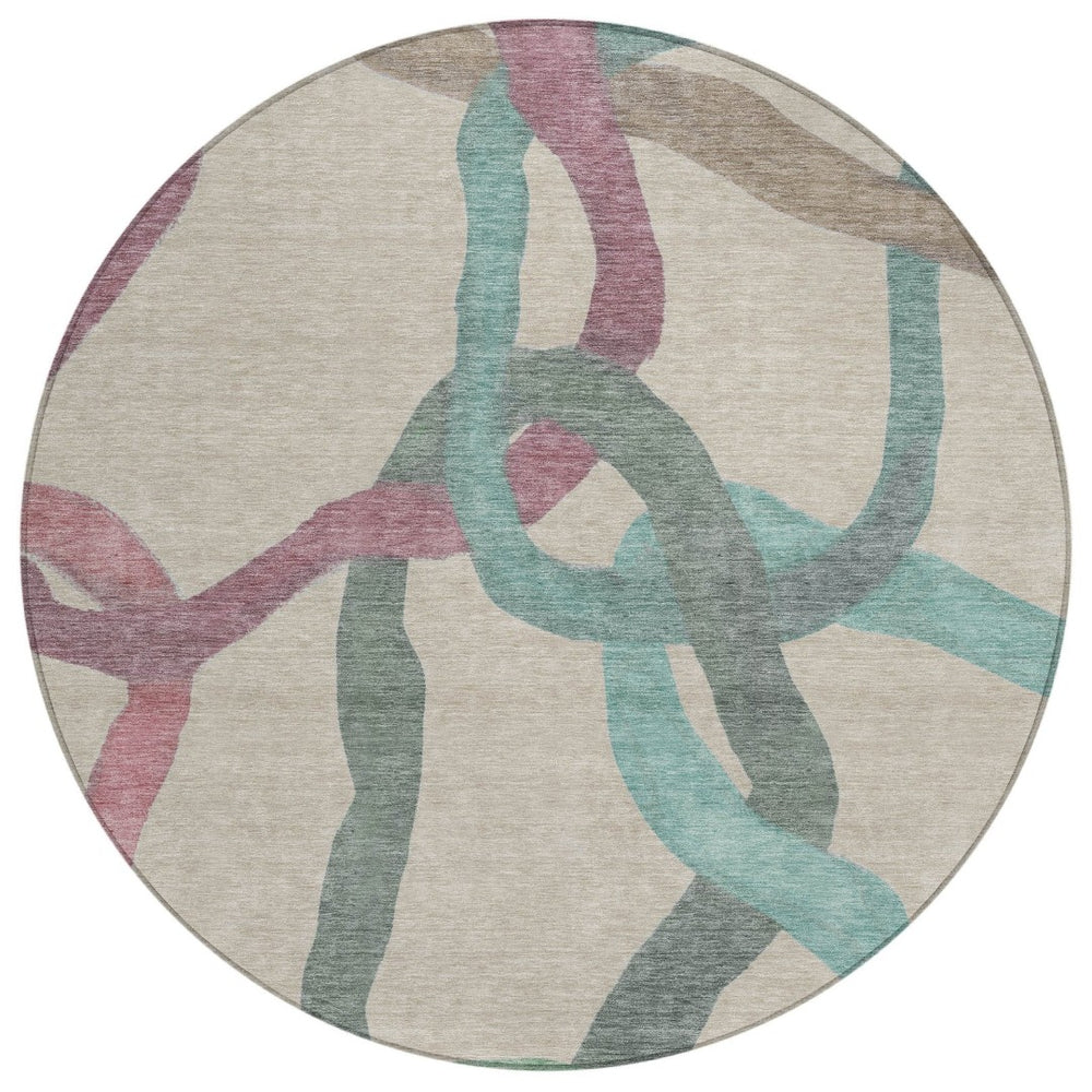HomeRoots 8' Round Abstract Area Rug in Tan, Blue & Mauve - Stylish, Washable, Durable for Indoor & Outdoor Use 690281