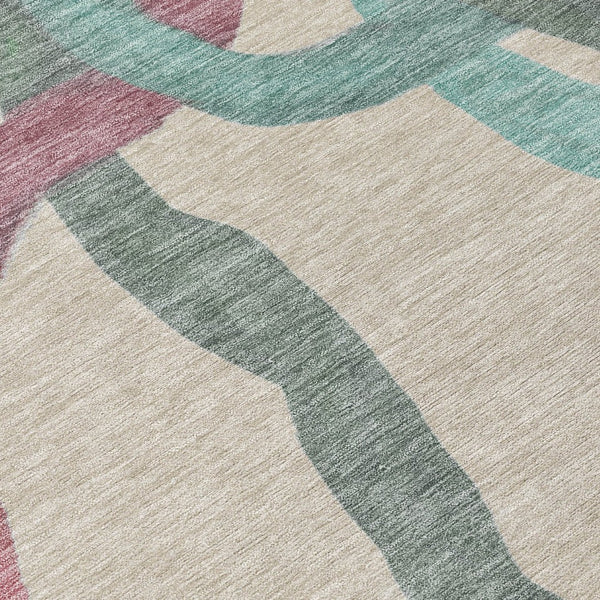HomeRoots 8' Round Abstract Area Rug in Tan, Blue & Mauve - Stylish, Washable, Durable for Indoor & Outdoor Use 690281