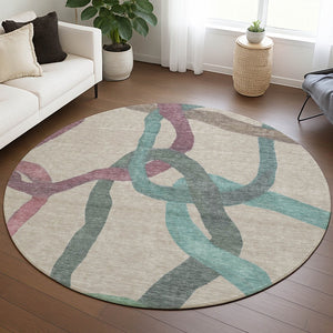 HomeRoots 8' Round Abstract Area Rug in Tan, Blue & Mauve - Stylish, Washable, Durable for Indoor & Outdoor Use 690281