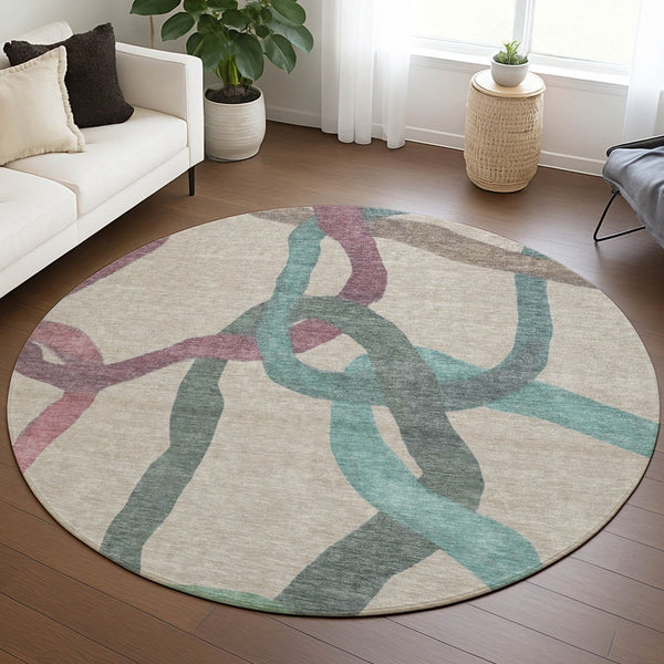 HomeRoots 8' Round Abstract Area Rug in Tan, Blue & Mauve - Stylish, Washable, Durable for Indoor & Outdoor Use 690281