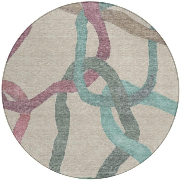 HomeRoots 8' Round Abstract Area Rug in Tan, Blue & Mauve - Stylish, Washable, Durable for Indoor & Outdoor Use 690281