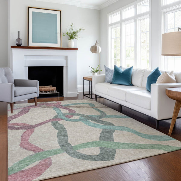 HomeRoots 10' Durable Tan, Blue & Mauve Abstract Washable Area Rug – Perfect for Indoor/Outdoor Living Spaces! 690284