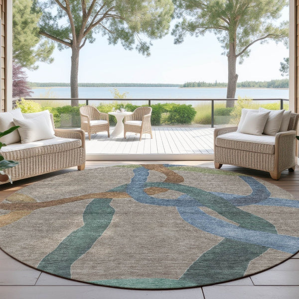HomeRoots 8' Contemporary Taupe Blue & Copper Round Abstract Washable Rug for Indoor & Outdoor Spaces 690287