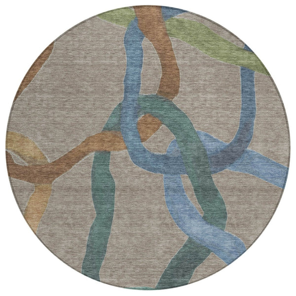 HomeRoots 8' Contemporary Taupe Blue & Copper Round Abstract Washable Rug for Indoor & Outdoor Spaces 690287