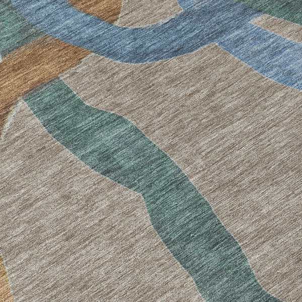 HomeRoots 8' Contemporary Taupe Blue & Copper Round Abstract Washable Rug for Indoor & Outdoor Spaces 690287
