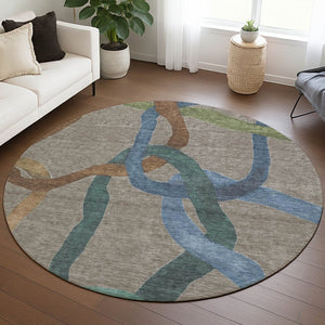 HomeRoots 8' Contemporary Taupe Blue & Copper Round Abstract Washable Rug for Indoor & Outdoor Spaces 690287