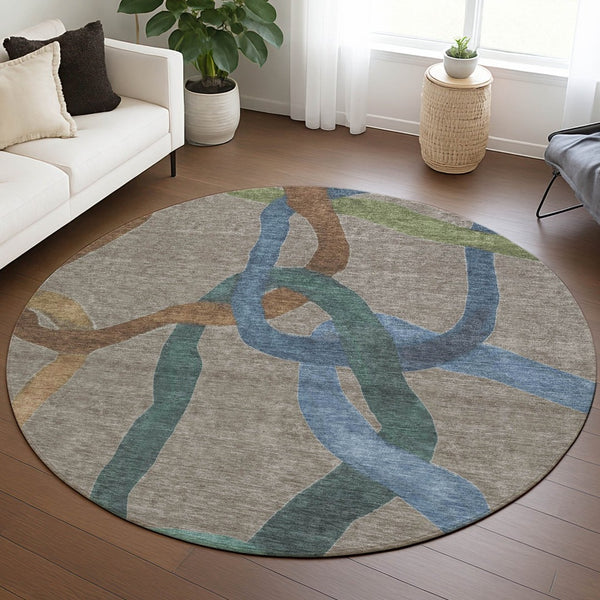 HomeRoots 8' Contemporary Taupe Blue & Copper Round Abstract Washable Rug for Indoor & Outdoor Spaces 690287