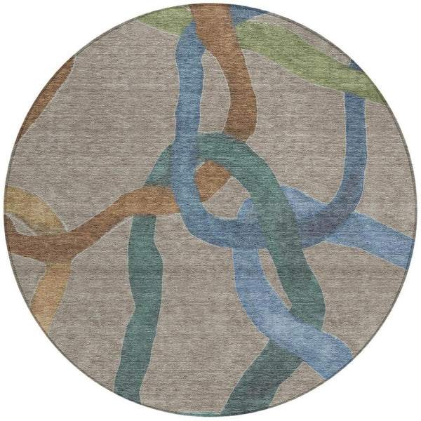 HomeRoots 8' Contemporary Taupe Blue & Copper Round Abstract Washable Rug for Indoor & Outdoor Spaces 690287