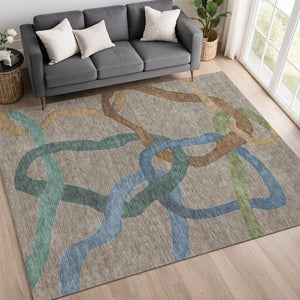 HomeRoots 9' Stylish Taupe Blue and Copper Abstract Rug - Washable, Durable for Indoor & Outdoor Use, 9' x 12' 690289