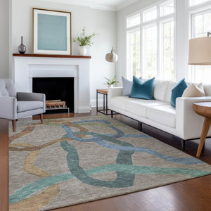 HomeRoots 9' Stylish Taupe Blue and Copper Abstract Rug - Washable, Durable for Indoor & Outdoor Use, 9' x 12' 690289