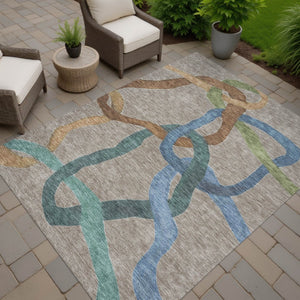 HomeRoots 9' Stylish Taupe Blue and Copper Abstract Rug - Washable, Durable for Indoor & Outdoor Use, 9' x 12' 690289