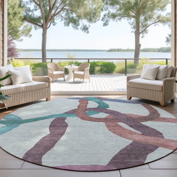 HomeRoots 8' Teal Blue Red & Mauve Round Abstract Washable Area Rug for Indoor & Outdoor Use, Easy Care! 690293