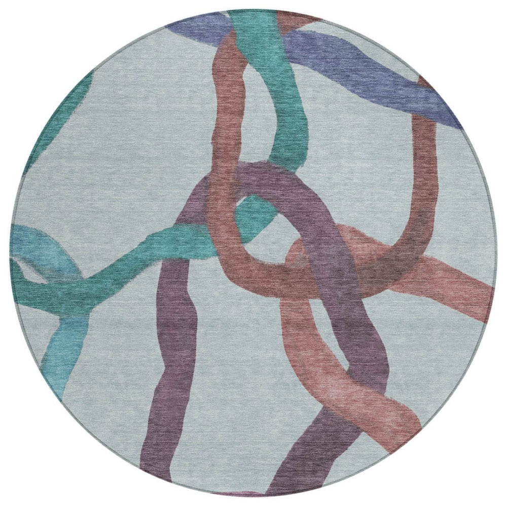 HomeRoots 8' Teal Blue Red & Mauve Round Abstract Washable Area Rug for Indoor & Outdoor Use, Easy Care! 690293
