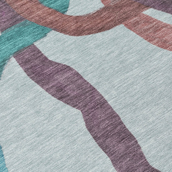HomeRoots 8' Teal Blue Red & Mauve Round Abstract Washable Area Rug for Indoor & Outdoor Use, Easy Care! 690293