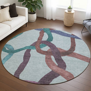 HomeRoots 8' Teal Blue Red & Mauve Round Abstract Washable Area Rug for Indoor & Outdoor Use, Easy Care! 690293