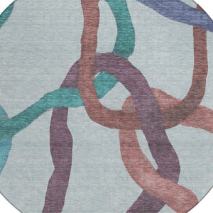 HomeRoots 8' Teal Blue Red & Mauve Round Abstract Washable Area Rug for Indoor & Outdoor Use, Easy Care! 690293