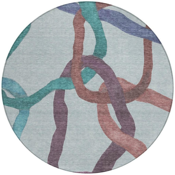 HomeRoots 8' Teal Blue Red & Mauve Round Abstract Washable Area Rug for Indoor & Outdoor Use, Easy Care! 690293
