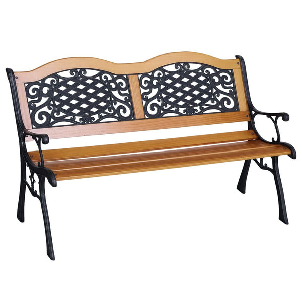 English Elm Outdoor Pine Slat Garden Bench with Lattice Back and Metal Legs for Porch or Path T3971P383587