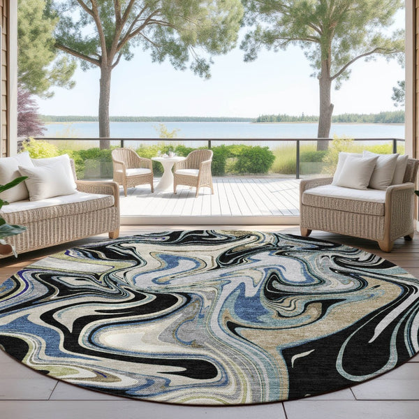 HomeRoots 8' Modern Abstract Round Area Rug in Black, Blue & Beige - Washable, Durable for Indoor/Outdoor Use 690299