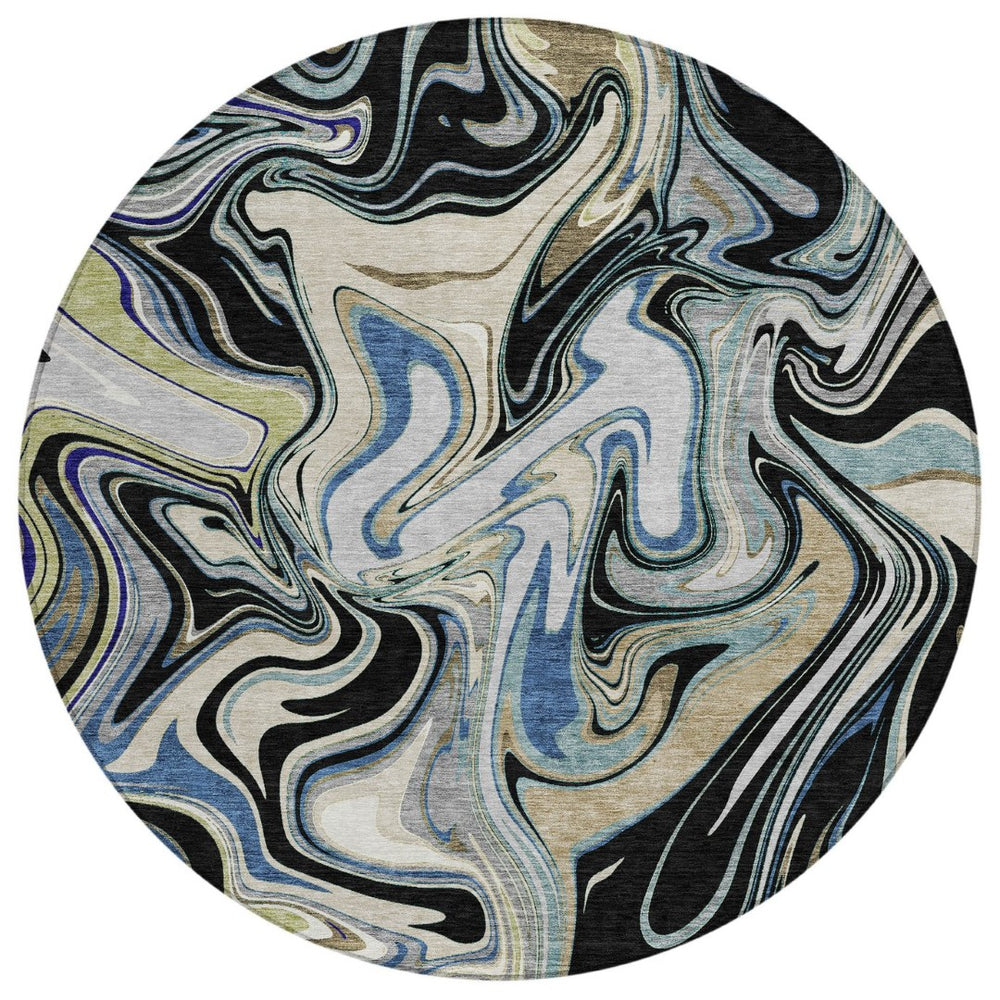 HomeRoots 8' Modern Abstract Round Area Rug in Black, Blue & Beige - Washable, Durable for Indoor/Outdoor Use 690299