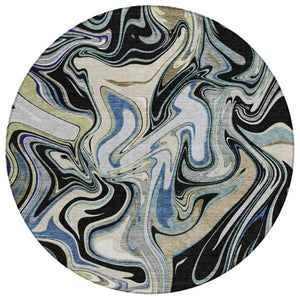 HomeRoots 8' Modern Abstract Round Area Rug in Black, Blue & Beige - Washable, Durable for Indoor/Outdoor Use 690299