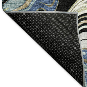 HomeRoots 8' Modern Abstract Round Area Rug in Black, Blue & Beige - Washable, Durable for Indoor/Outdoor Use 690299