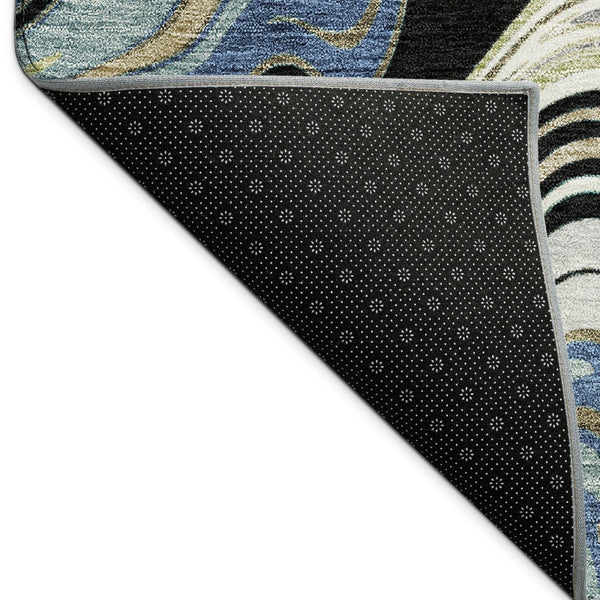 HomeRoots 8' Modern Abstract Round Area Rug in Black, Blue & Beige - Washable, Durable for Indoor/Outdoor Use 690299