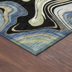 HomeRoots 8' Modern Abstract Round Area Rug in Black, Blue & Beige - Washable, Durable for Indoor/Outdoor Use 690299