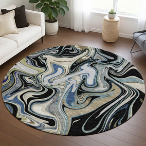 HomeRoots 8' Modern Abstract Round Area Rug in Black, Blue & Beige - Washable, Durable for Indoor/Outdoor Use 690299