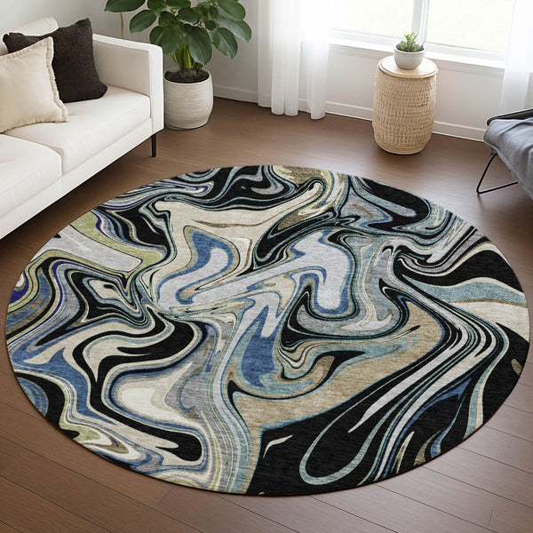 HomeRoots 8' Modern Abstract Round Area Rug in Black, Blue & Beige - Washable, Durable for Indoor/Outdoor Use 690299